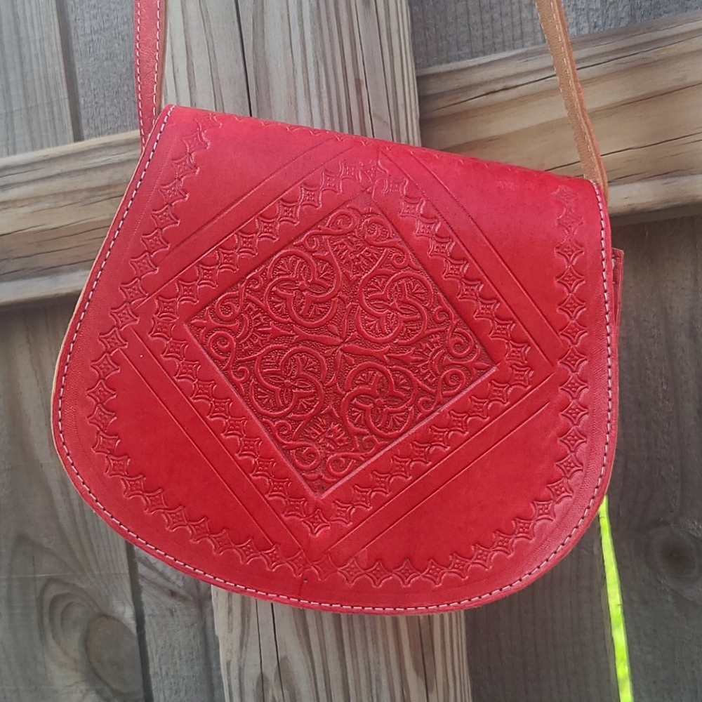 RED real LEATHER Crossbody Purse Shoulder Bag - Picture 4 of 16